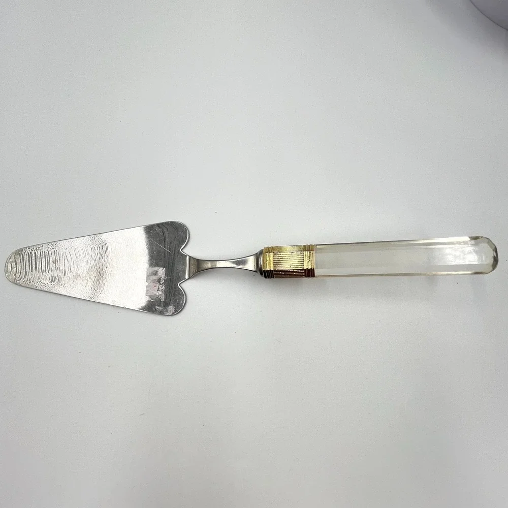 Vintage Mikasa Japan Silver & Gold Tone Cake Server Clear Acrylic Lucite Handle‎
